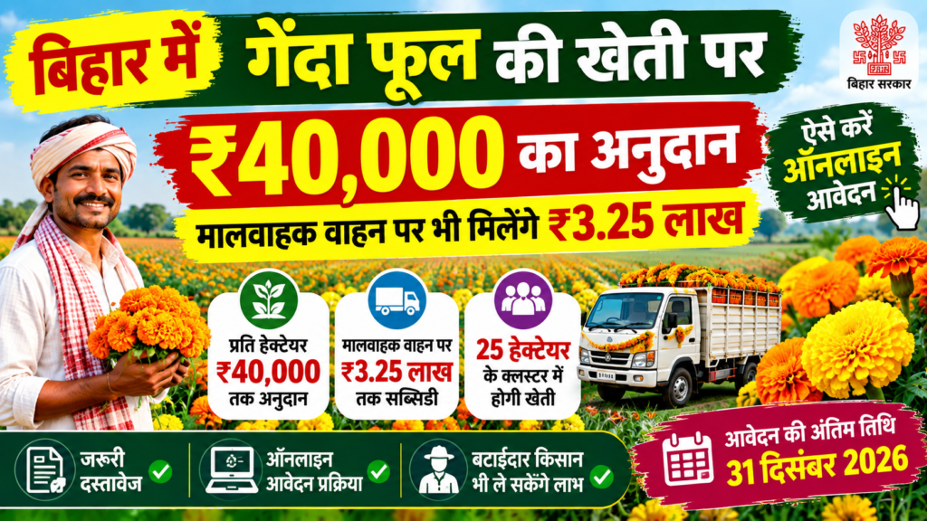बिहार में गेंदा फूल की खेती पर ₹40,000 अनुदान, वाहन पर ₹3.25 लाख सब्सिडी 2026 | bihar genda phool subsidy 2026
